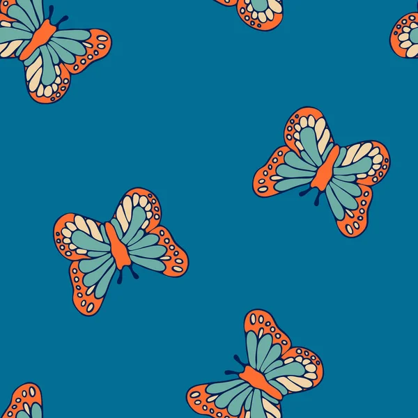 Seamless Vector Pattern Butterflies Blue Background Simple Vintage Summer Wallpaper — Stock Vector