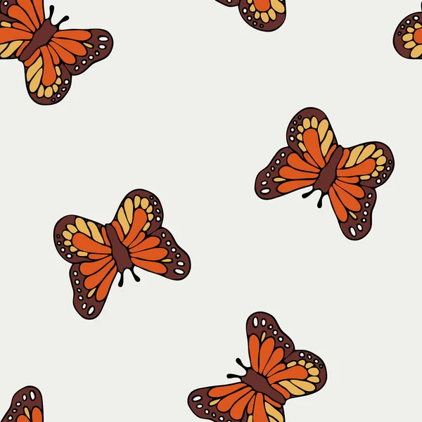 Seamless Vector Pattern Orange Butterflies White Background Vintage Summer Bug — Stock Vector