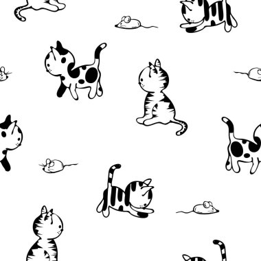 Beyaz arka planda kedi çizimi olan kusursuz vektör deseni. Basit hayvan karalama duvar kağıdı tasarımı. Dekoratif kedi yavrusu moda tekstili.