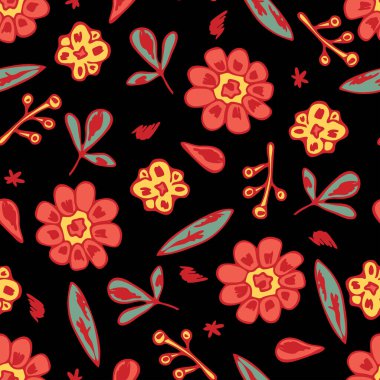 Siyah arka planda kırmızı çiçekli kusursuz vektör deseni. Basit bir çiçek desenli duvar kağıdı tasarımı. Dekoratif çingene moda tekstili.