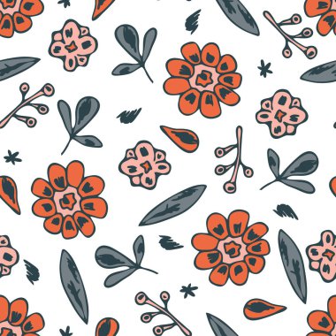 Beyaz arka planda elle çizilmiş çiçekli kusursuz vektör deseni. Basit bir çiçek desenli duvar kağıdı tasarımı. Dekoratif boho çingene moda tekstili.