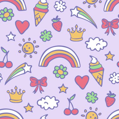 Pembe arka planda sihirli çıkartmaları olan kusursuz vektör deseni. Çocuklar için mutlu yaz duvar kâğıdı tasarımı. Dekoratif neşeli moda tekstili.