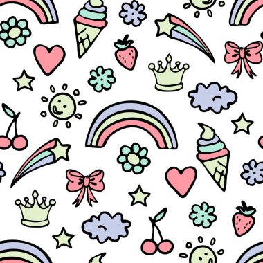 Beyaz zemin üzerinde pastel yaz rozetleri olan kusursuz vektör deseni. Mutlu çocuklar parti duvar kâğıdı tasarımı. Dekoratif bebek çıkartması moda tekstili.