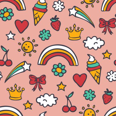 Pembe arka planda eğlenceli yaz çıkartmaları olan kusursuz vektör deseni. Basit mutlu parti duvar kağıdı tasarımı. Dekoratif çocuk modası tekstili.