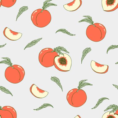 Gri arkaplanlı şeftali desenli kusursuz vektör deseni. Basit bir yaz meyvesi duvar kağıdı tasarımı. Dekoratif tatlı yemek tekstili.