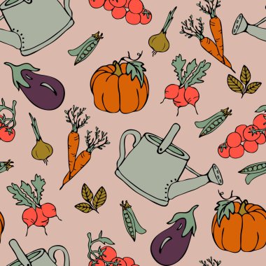 Pembe arka planda sebzeli kusursuz vektör deseni. Basit bir bahçe duvar kâğıdı tasarımı. Dekoratif mutfak tekstili.