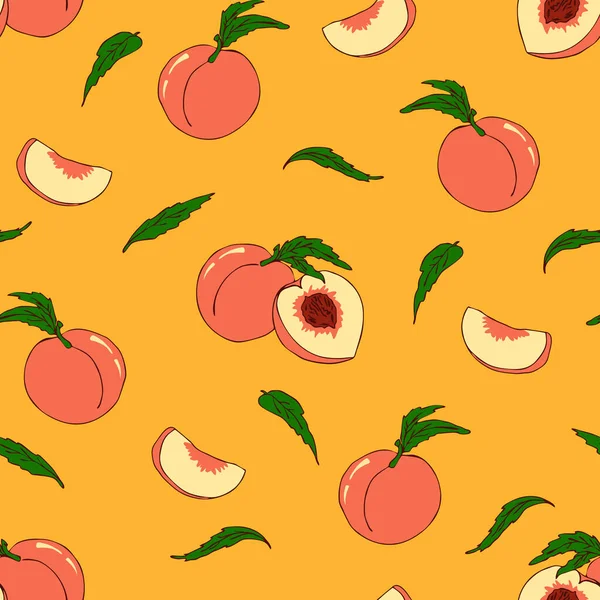 Seamless Vector Pattern Peaches Yellow Background Simple Bright Fruit Wallpaper — Archivo Imágenes Vectoriales