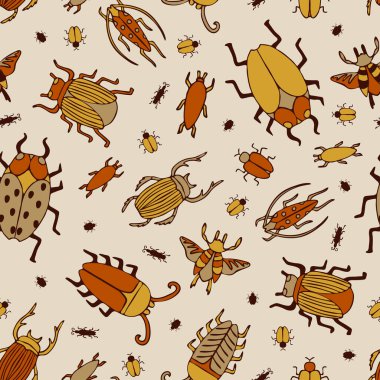 Bej arka planda el çizimi böcekleri olan kusursuz vektör deseni. Basit meşgul böcek duvar kağıdı tasarımı. Dekoratif yaz böceği moda tekstili.