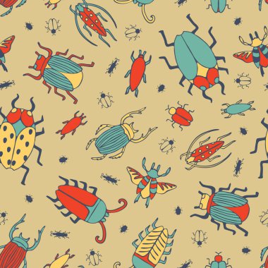 Sarı arka planda renkli böcekleri olan kusursuz vektör deseni. Basit el çizimi böcekler duvar kağıdı tasarımı. Dekoratif retro moda tekstili.