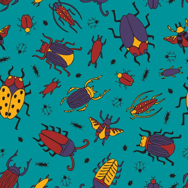 青い背景にレトロなバグを持つシームレスなベクトルパターン シンプルな手描き昆虫壁紙デザイン 装飾的なカブトムシのファッション繊維 — ストックベクタ