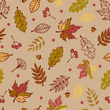 Açık yeşil arka planda sonbahar yaprakları olan kusursuz vektör deseni. Basit mevsimlik orman duvar kağıdı tasarımı. Dekoratif çiçek moda tekstili.
