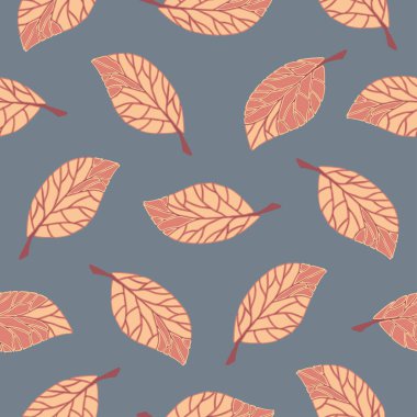 Gri arka planda sonbahar yaprakları olan kusursuz vektör deseni. Basit mevsimlik orman duvar kağıdı tasarımı. Dekoratif botanik moda tekstili.