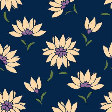 Çiçekli kusursuz vektör deseni koyu mavi arkaplanda çiçek açar. Basit papatya bahçesi duvar kağıdı tasarımı. Dekoratif çiçek moda tekstili.