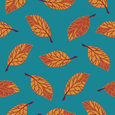 Gök mavisi arka planda düşen yaprakları olan kusursuz bir vektör deseni. Basit, parlak bir sonbahar duvar kağıdı tasarımı. Dekoratif modern orman moda tekstili.