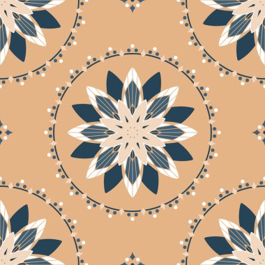 Sarı arka planda geometrik çiçek çemberi olan kusursuz vektör deseni. Klasik çiçek desenli duvar kağıdı fayansları. Dekoratif yerli çiçek moda tekstili.