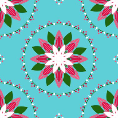 Mavi arka planda nilüfer çiçeği dairesi olan kusursuz vektör deseni. Zen zambağı sembolü duvar kağıdı tasarımı. Dekoratif çiçek çelengi moda tekstili..