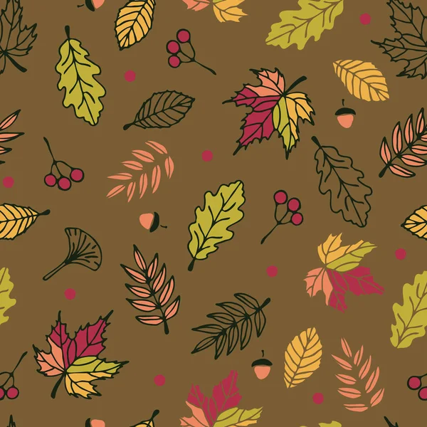 Nahtloses Vektormuster Mit Herbstblättern Auf Grünem Hintergrund Einfache Saisonale Natur — Stockvektor