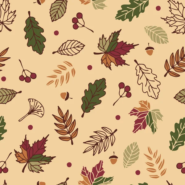 Nahtloses Vektormuster Mit Herbstblättern Auf Gelbem Hintergrund Saisonale Waldtapeten Design — Stockvektor