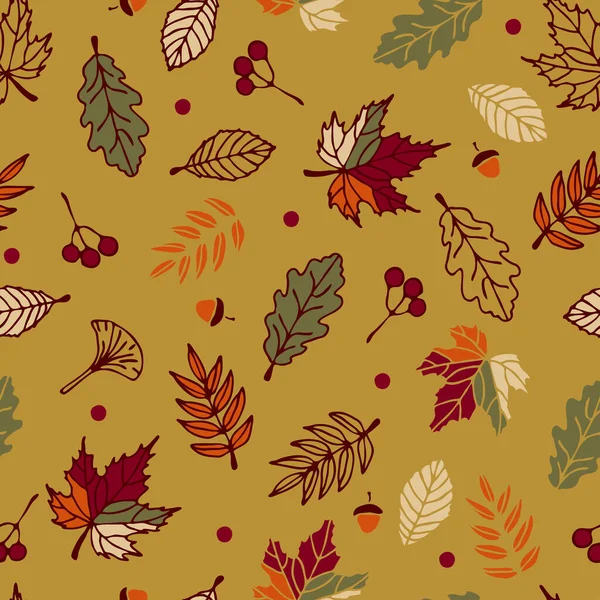 Nahtloses Vektormuster Mit Herbstblättern Auf Grünem Hintergrund Einfaches Saisonales Tapetendesign — Stockvektor