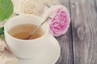 Çay Shabby Chic tarzı. Tonda fotoğraf