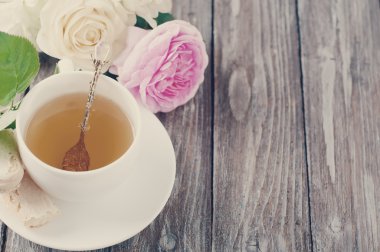 Çay Shabby Chic tarzı. Tonda fotoğraf