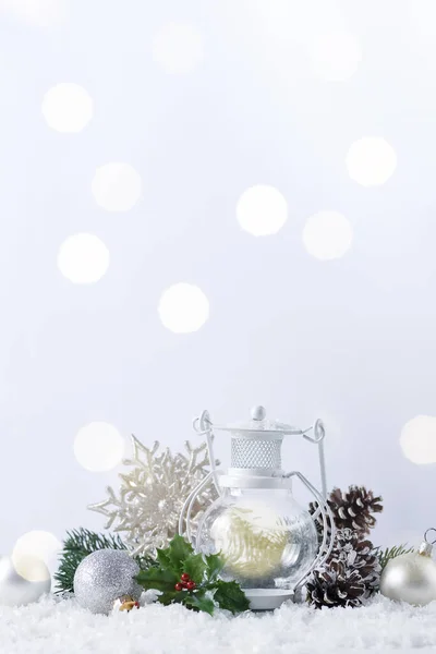 Christmas Lantern Snow Fir Branch Winter Decoration White Holiday Christmas — ストック写真