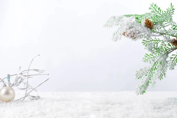 Ramo Árvore Abeto Com Cones Cobertos Neve Sobre Fundo Branco — Fotografia de Stock