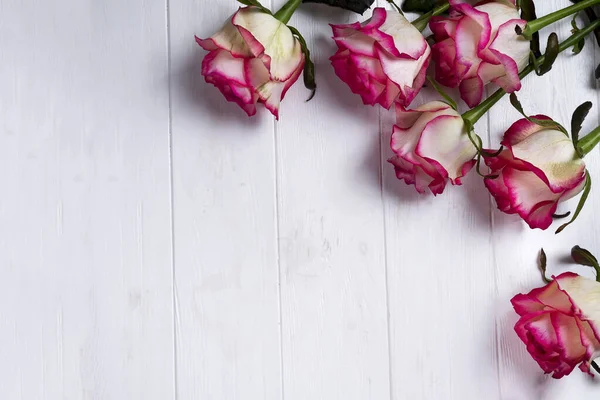 Rose Cornice Uno Sfondo Bianco Legno Concetto Una Cartolina Con — Foto Stock