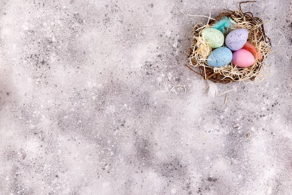 Ostereier Einem Nest Aus Gras Auf Einem Steinernen Hintergrund Flach — Stockfoto