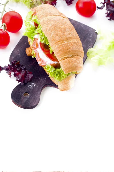 Croissant sandwich with salted salmon on plate, — Stok fotoğraf