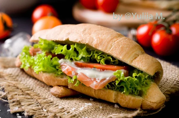 Sanduíche de croissant com salmão salgado — Fotografia de Stock