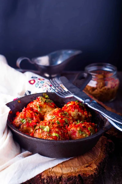 Delicious meatballs made from ground beef in a spicy tomato — Stock Image Delicious meatballs made from ground beef in a spicy tomato Royalty Free Stock Photos