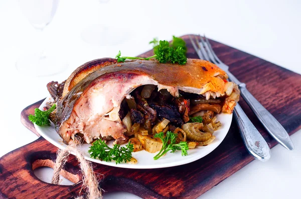 Mantar ile pişmiş biftek balık — Stok fotoğraf