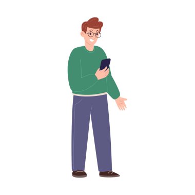 Akıllı telefon tutan ve gülümseyen genç bir adamın düz vektör çizimi. İletişim, teknoloji, bağlantı, mesajlaşma ve modern yaşam tarzı kavramı.