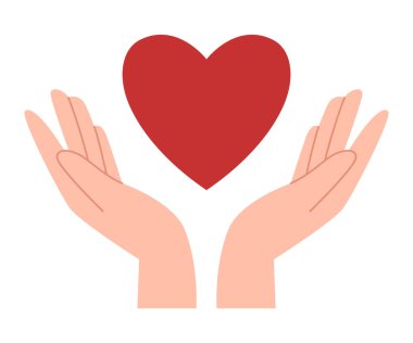 Kırmızı bir kalbi nazikçe tutan iki elin düz vektör çizimi. Sevgi, ilgi, şefkat, koruma, bağış, yardım ve duygusal destek kavramı.