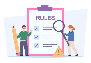 Kuralları kontrol eden ve analiz eden insanların düz vektör çizimi. Düzenleme kavramı, denetim listesi, organizasyon, planlama ve işletme yönetimi.