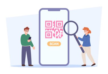 QR kodu ve tarama düğmesi olan büyük bir akıllı telefonun yanında duran iki kişinin düz vektör çizimi. Mobil tarama, dijital teknoloji, ödeme ve yenilik kavramı.