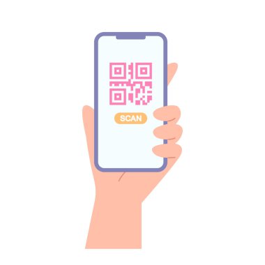 QR kodu ve tarama düğmesi gösteren akıllı telefonu tutan bir elin düz vektör çizimi. Dijital ödeme kavramı, mobil tarama, teknoloji ve bağlantısız erişim.
