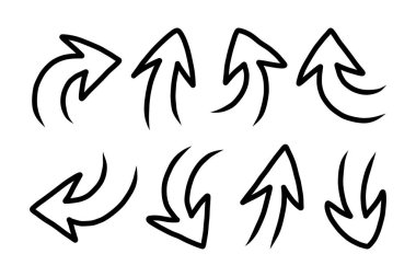 Elle çizilmiş siyah oklar koleksiyonu. Çeşitli ok yön ve şekillerini gösteren soyut karalama vektörü çizimi