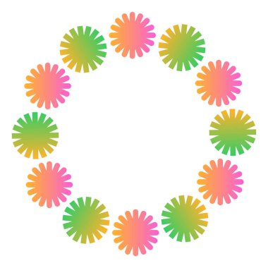 Pembe, turuncu, yeşil ve sarı tonlarda değişken çiçeğe benzeyen şekillerden oluşan canlı yuvarlak bir çerçeve. Pürüzsüz renk geçişleriyle parlak geometrik bileşim.