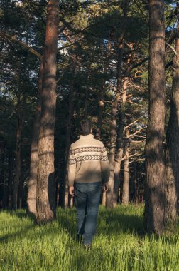 Güneşli bir öğleden sonra zevk ormanda genç adam