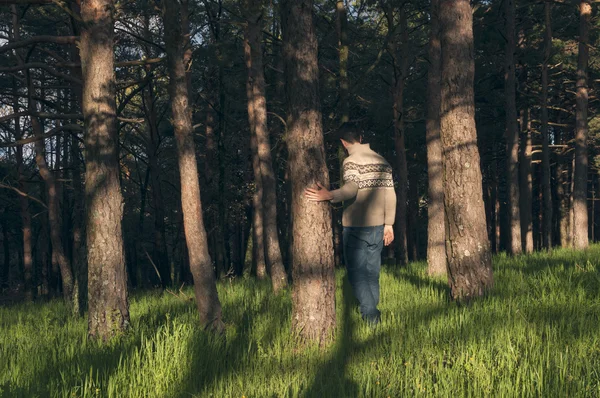 Joven en el bosque disfrutando de una tarde soleada — Foto de Stock