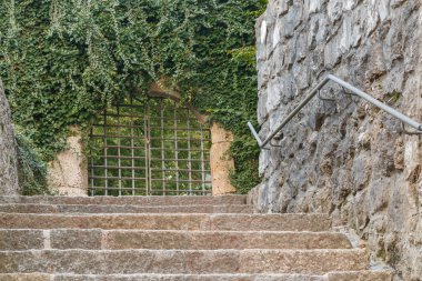 Yeşil bahçe önünde taşlı merdiven