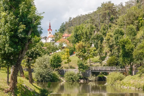 General village view with bridge and river — Stock Photo, Image