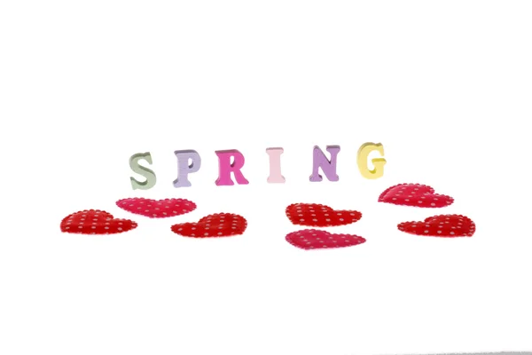 다채로운 봄 기호와 빨간색 점선된 하트의 세부 사항 — 스톡 사진