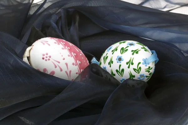 Close-up of Easter eggs on black velvet — Stock Photo, Image