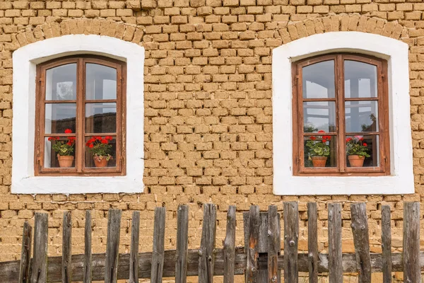 Detalhe de janelas de madeira velhas com flores — Fotografia de Stock