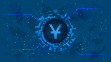 Yuan CNY para sembolü mavi arka planda dijital temalı daire şeklinde. Web sitesi veya afiş için Çin para birimi simgesi. Uzayı kopyala Vektör EPS10.