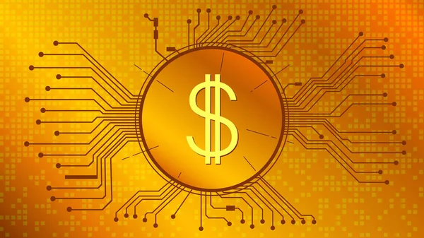 Altın Zemin Üzerinde Pcb Izleri Olan Dolar Dolar Dolar Para — Stok Vektör