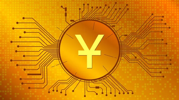 Yuan Cny Símbolo Moeda Círculo Com Faixas Pcb Fundo Ouro — Vetor de Stock